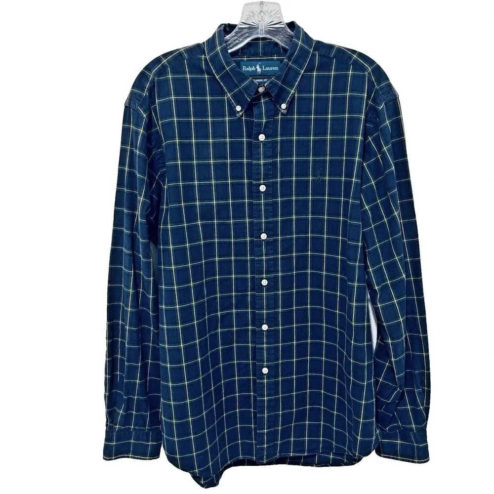 Ralph Lauren Button Down Shirt Mens L Navy Blue Plaid Windowpane Long Sleeve